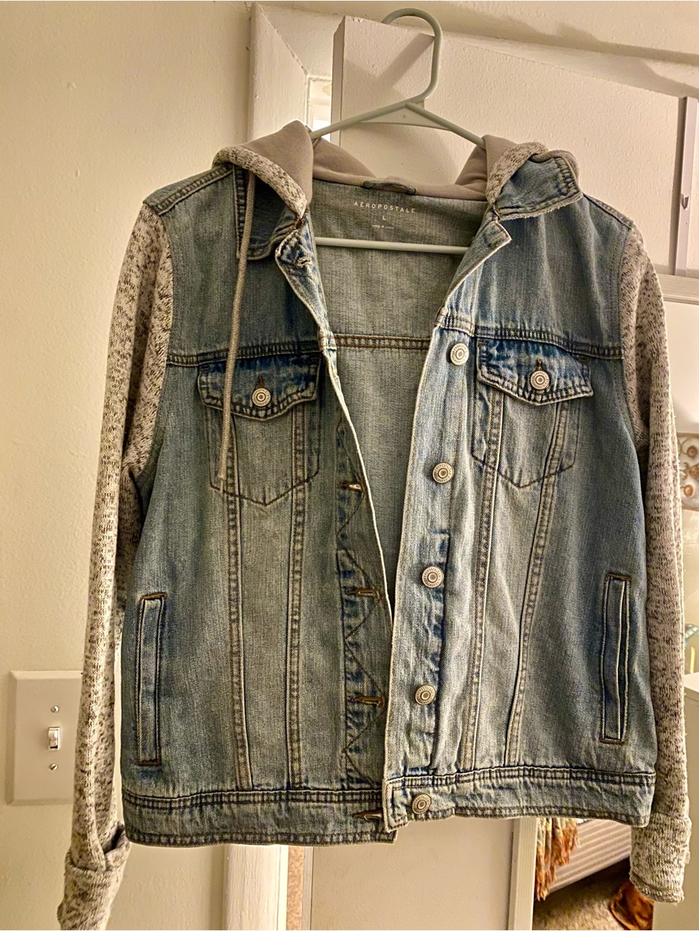 Aeropostale Light Blue Denim Jacket with Gray Hood and Sleeves